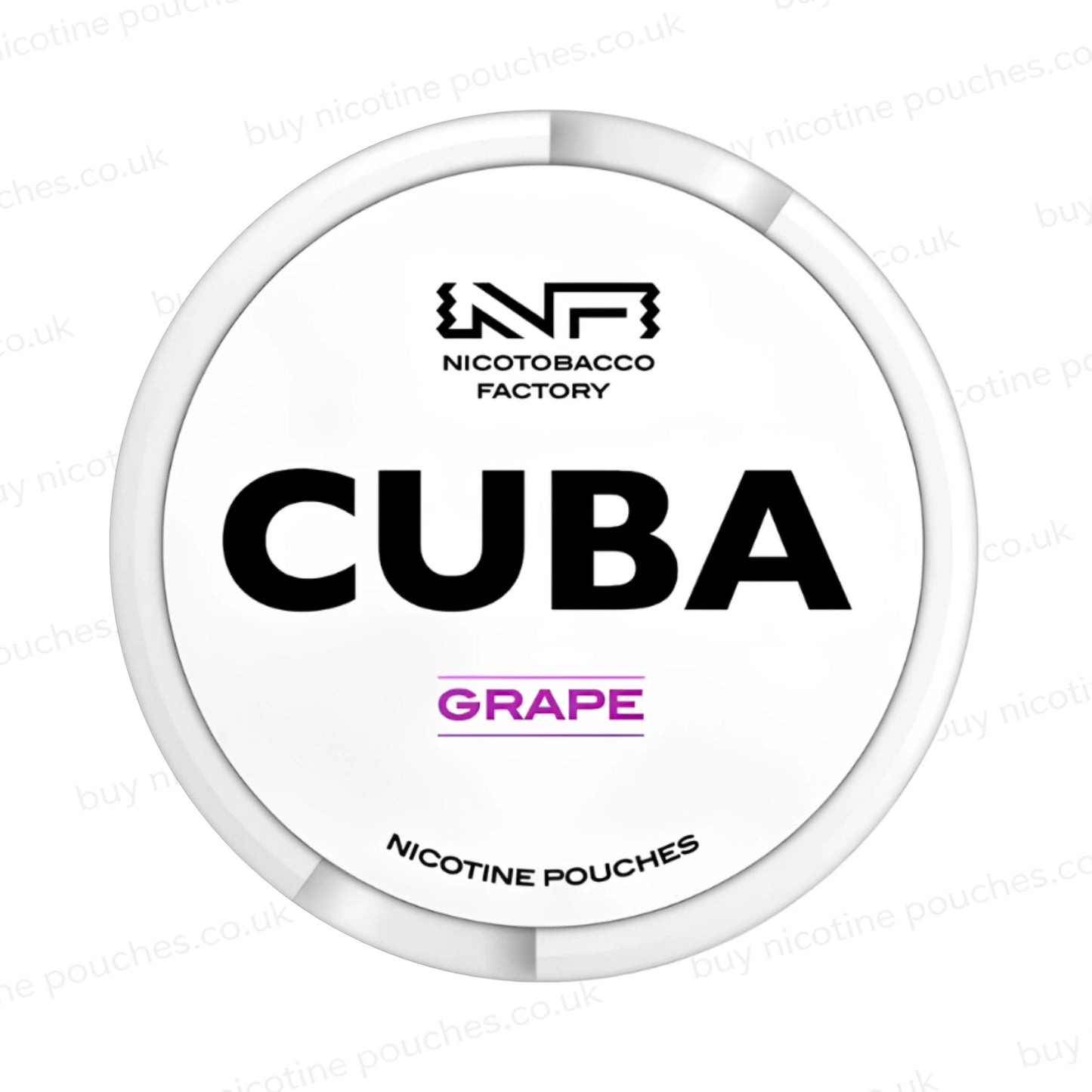 White nicotine pouch container with CUBA Grape branding on a white background.