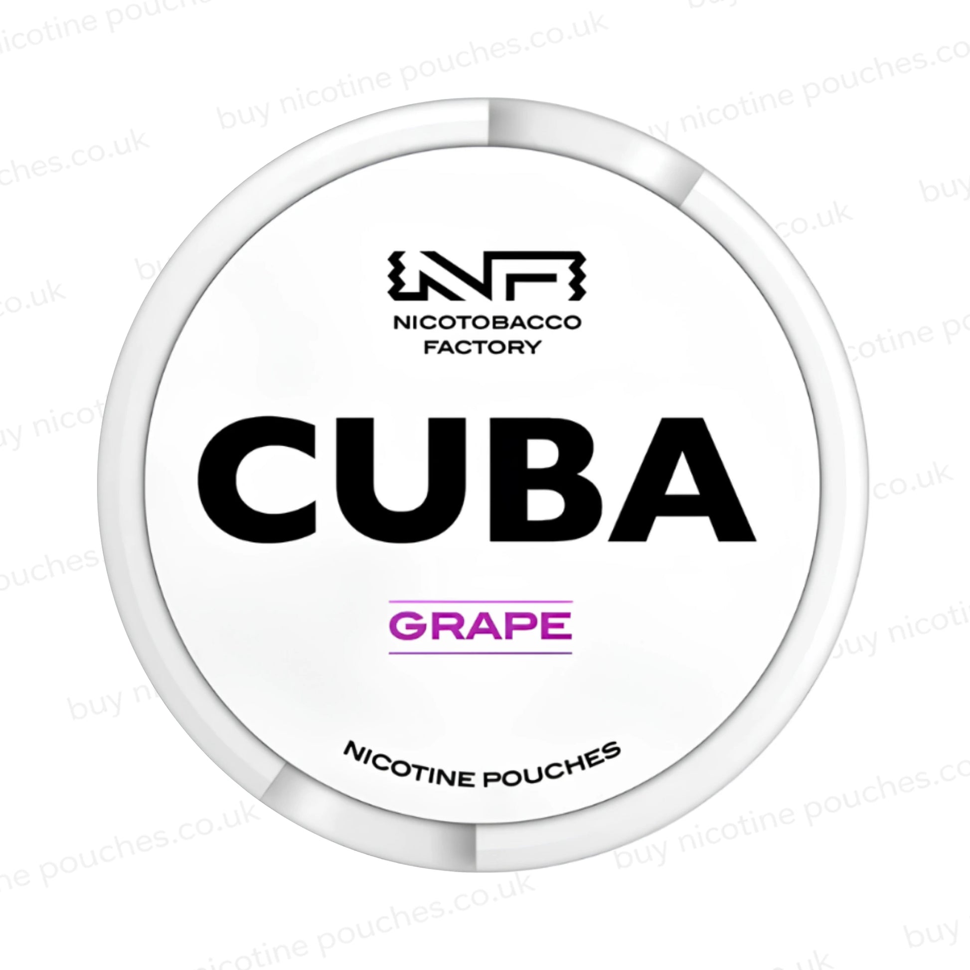White nicotine pouch container with CUBA Grape branding on a white background.
