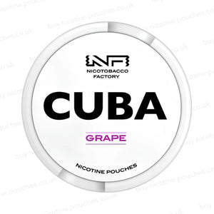 White nicotine pouch container with CUBA Grape branding on a white background.