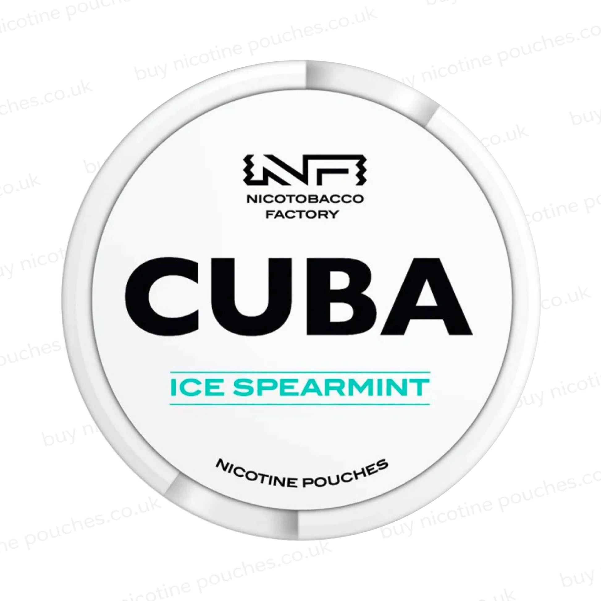 White nicotine pouch container with CUBA Ice Spearmint branding on a white background.