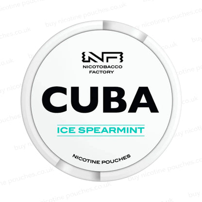 White nicotine pouch container with CUBA Ice Spearmint branding on a white background.