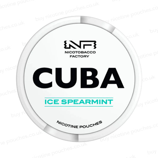 White nicotine pouch container with CUBA Ice Spearmint branding on a white background.