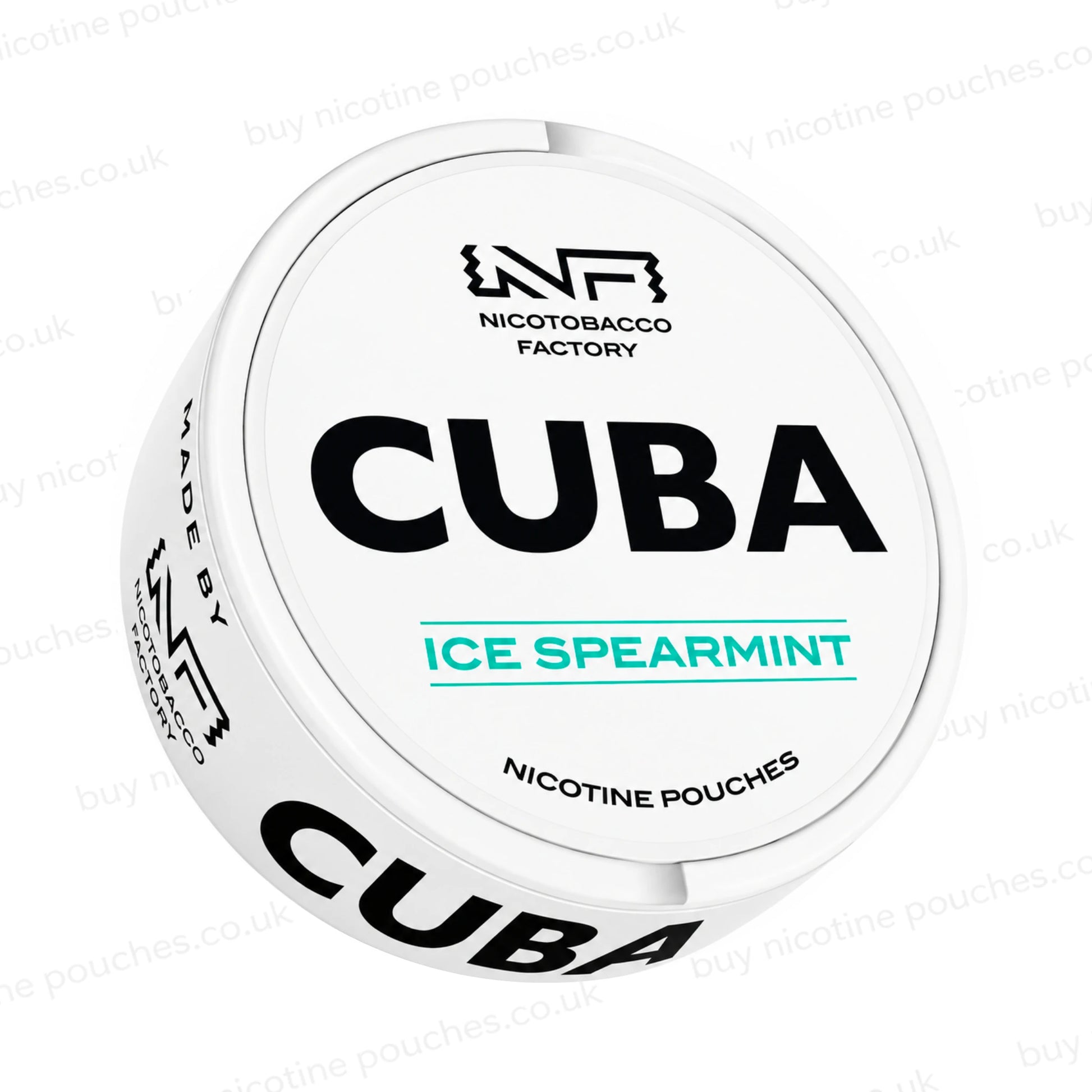 Angled shot of a white nicotine pouch container with CUBA Ice Spearmint branding on a white background.