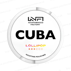 White nicotine pouch container with CUBA Lollipop branding on a white background.