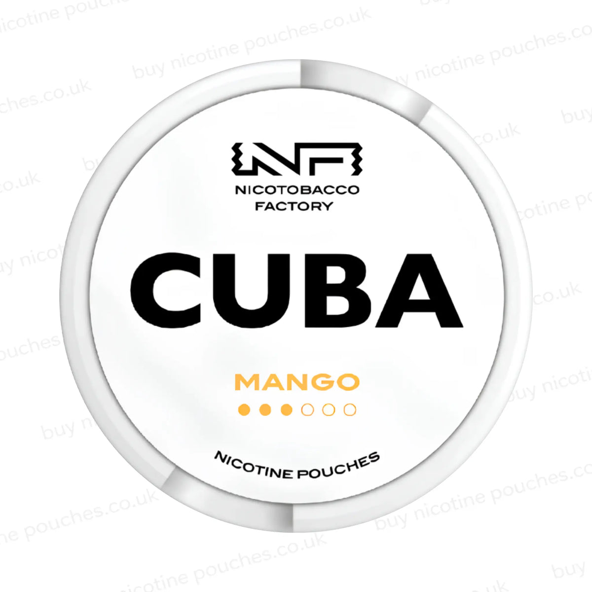 White nicotine pouch container with CUBA Mango branding on a white background.