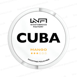 White nicotine pouch container with CUBA Mango branding on a white background.