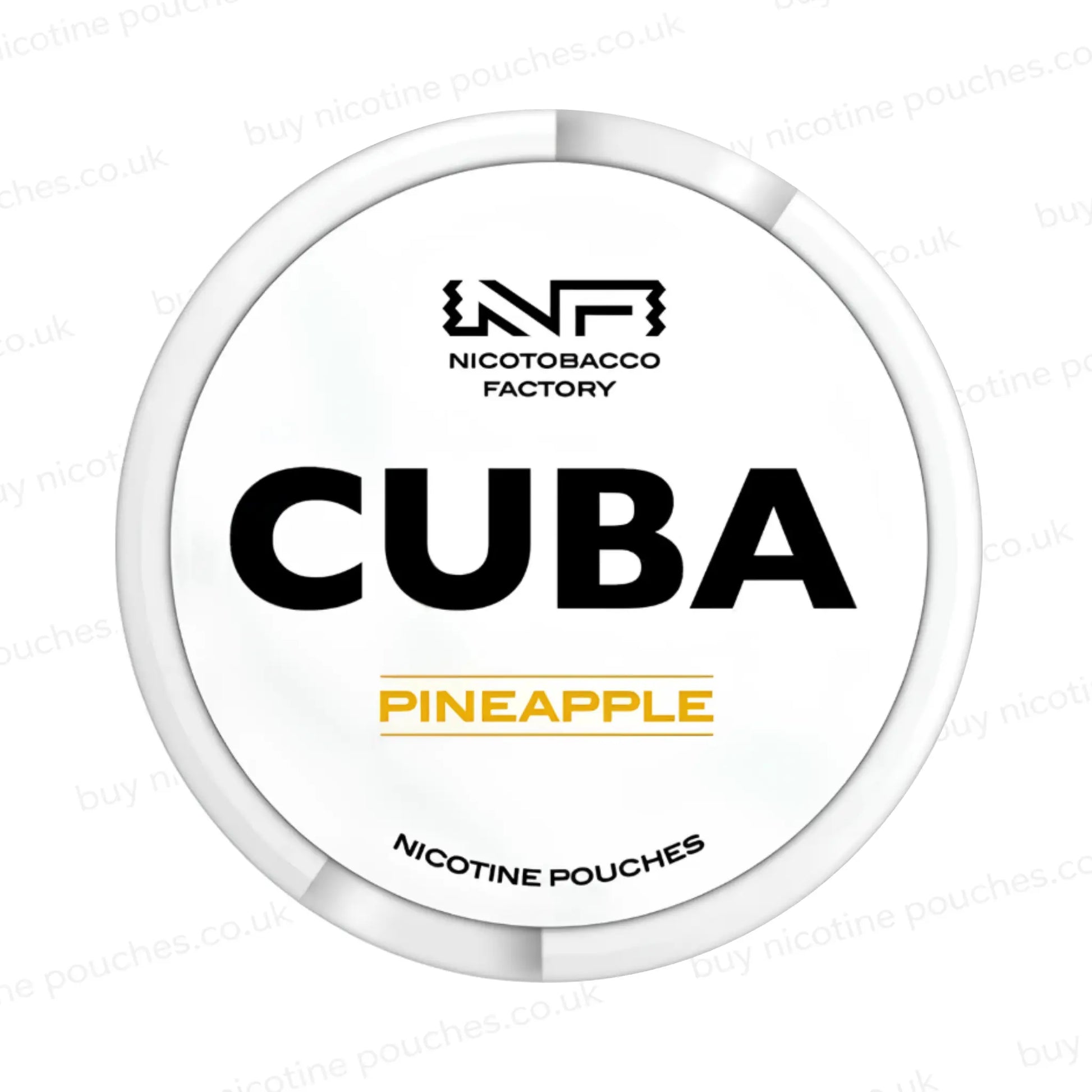 White nicotine pouch container with CUBA Pineapple branding on a white background.