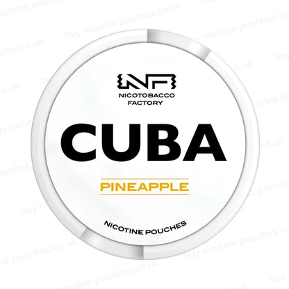 White nicotine pouch container with CUBA Pineapple branding on a white background.