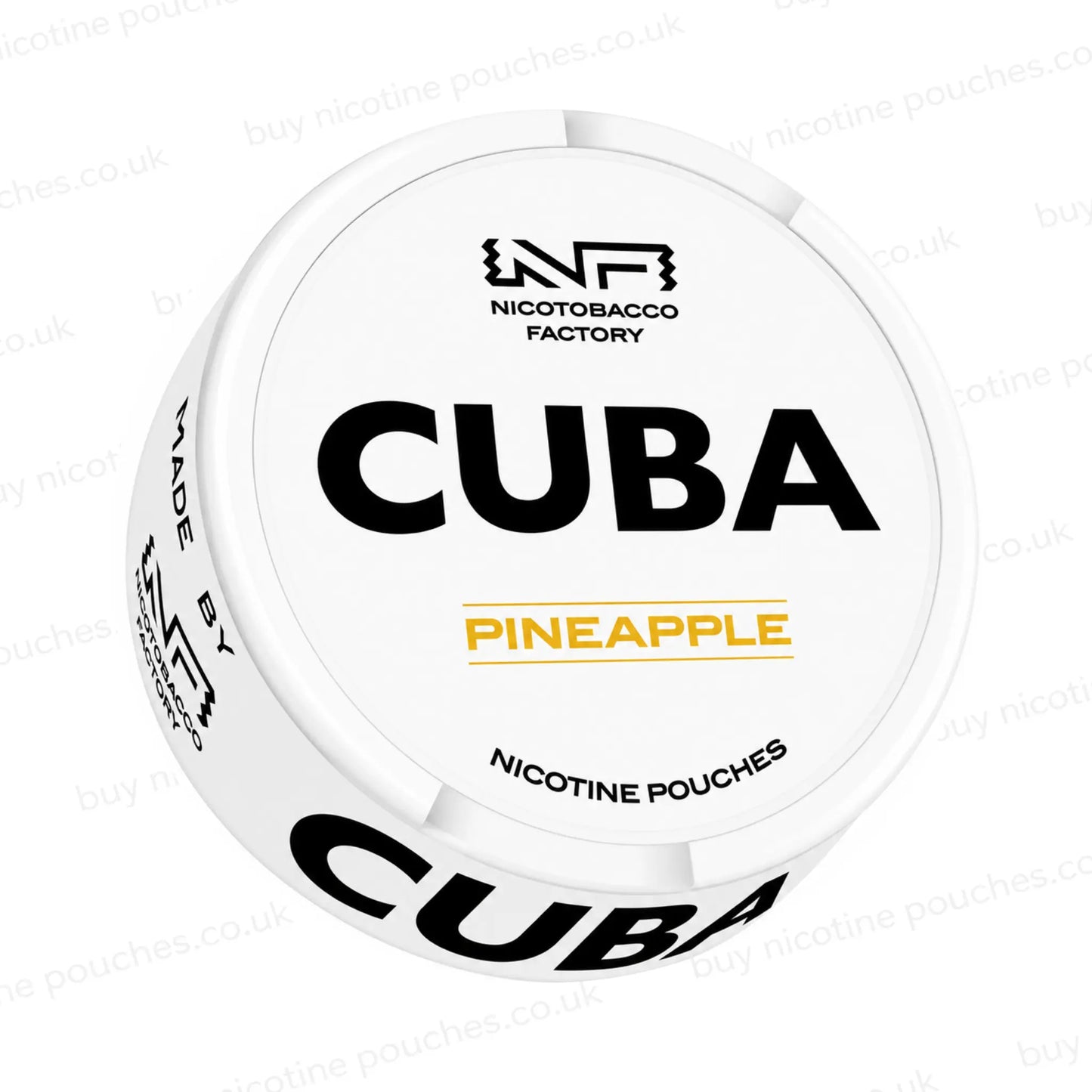 Angled shot of a white nicotine pouch container with CUBA Pineapple branding on a white background.