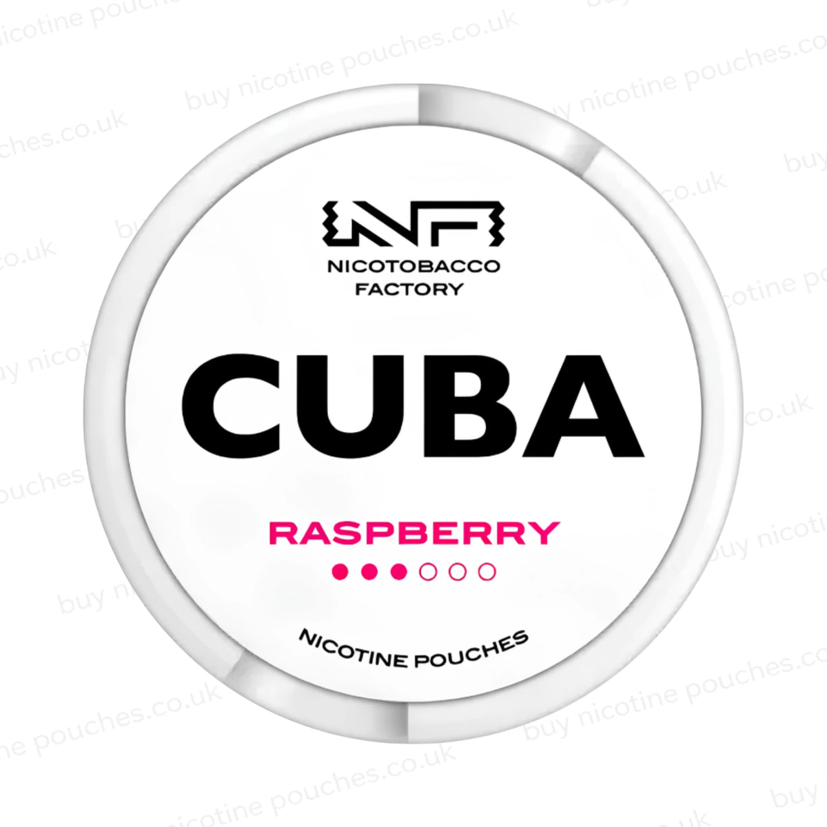 White nicotine pouch container with CUBA Raspberry branding on a white background.