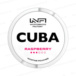 White nicotine pouch container with CUBA Raspberry branding on a white background.