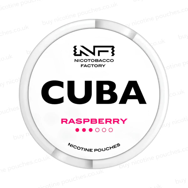 White nicotine pouch container with CUBA Raspberry branding on a white background.