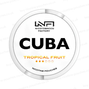 White nicotine pouch container with CUBA Tropical Fruit branding on a white background.