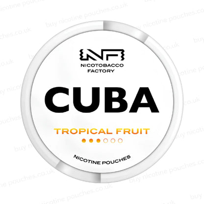 White nicotine pouch container with CUBA Tropical Fruit branding on a white background.
