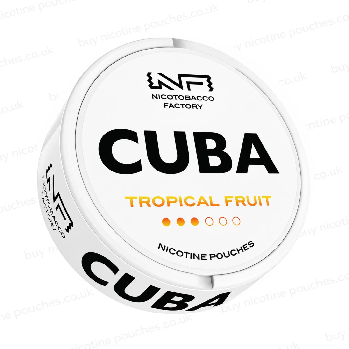 Angled shot of a white nicotine pouch container with CUBA Tropical Fruit branding on a white background.