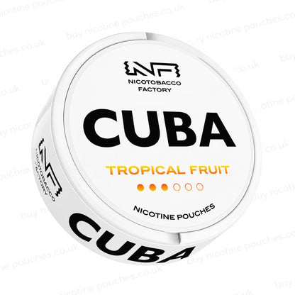 Angled shot of a white nicotine pouch container with CUBA Tropical Fruit branding on a white background.