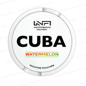 White nicotine pouch container with CUBA Watermelon branding on a white background.