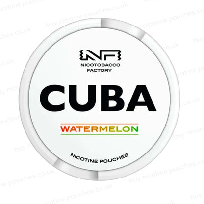 White nicotine pouch container with CUBA Watermelon branding on a white background.