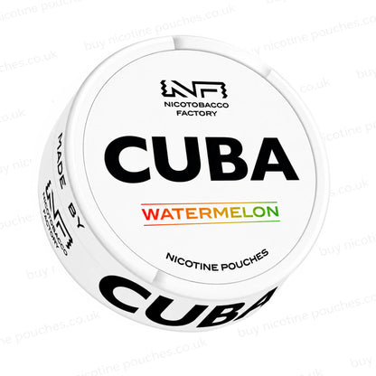 Angled shot of a white nicotine pouch container with CUBA Watermelon branding on a white background.