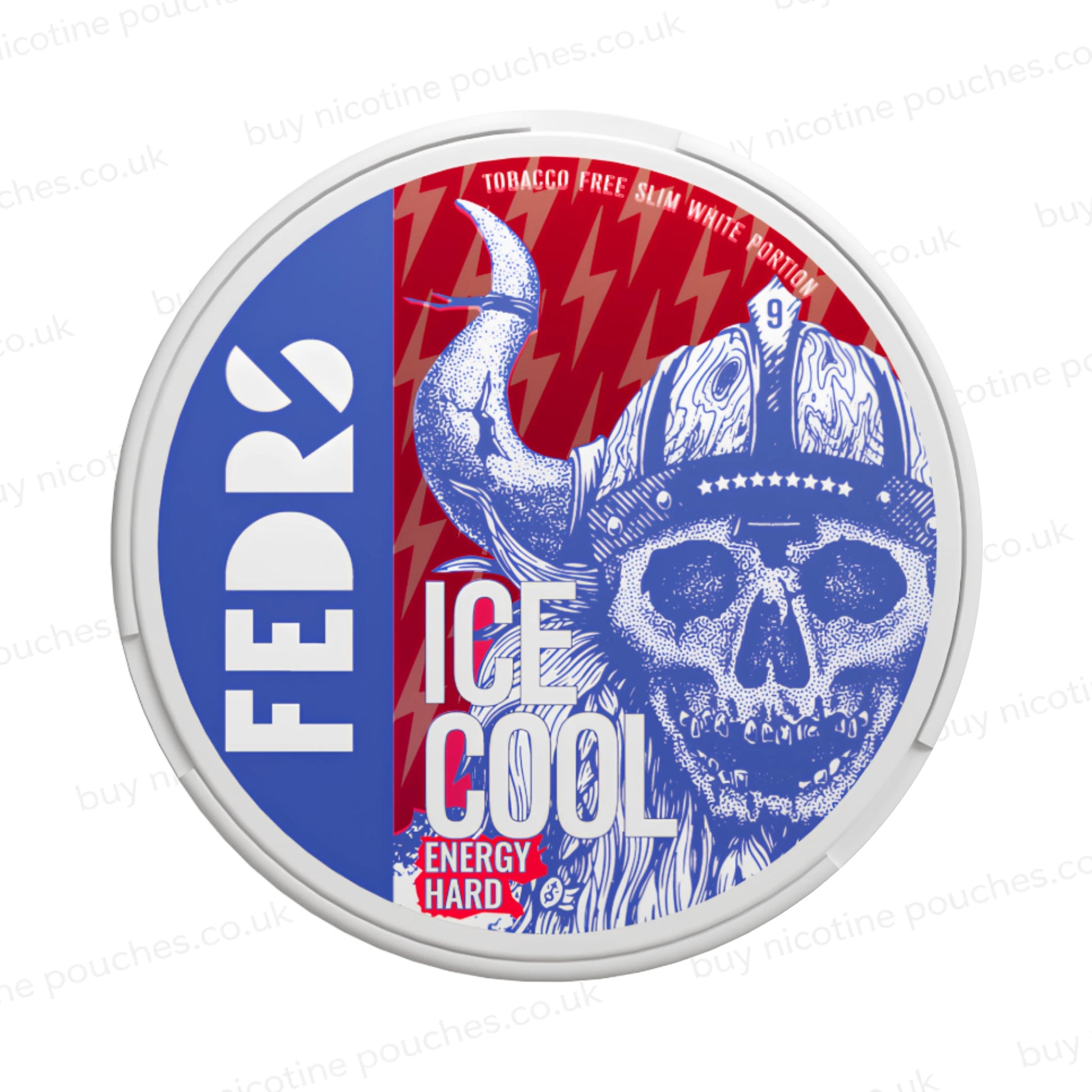 White nicotine pouch container with blue and red Fedrs Energy Hard skull branding on a white background.