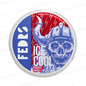 White nicotine pouch container with blue and red Fedrs Energy Hard skull branding on a white background.