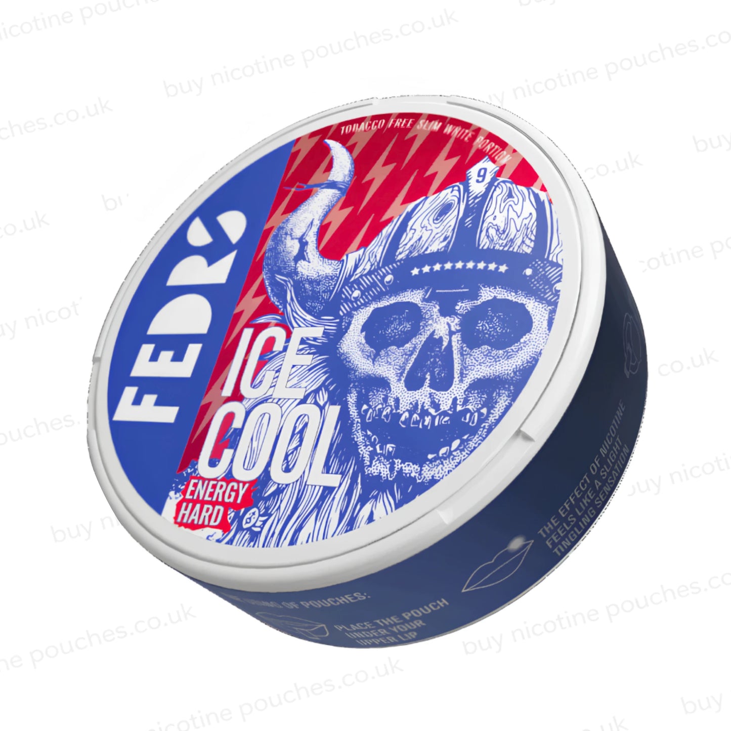 Angled shot of a white nicotine pouch container with blue and red Fedrs Energy Hard skull branding on a white background.