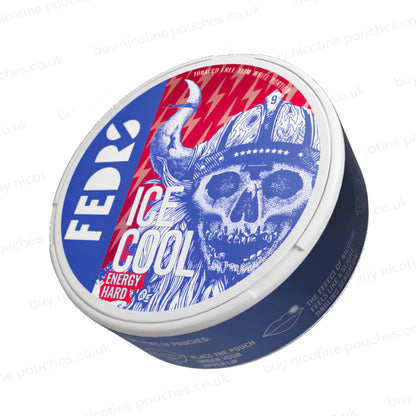 Angled shot of a white nicotine pouch container with blue and red Fedrs Energy Hard skull branding on a white background.