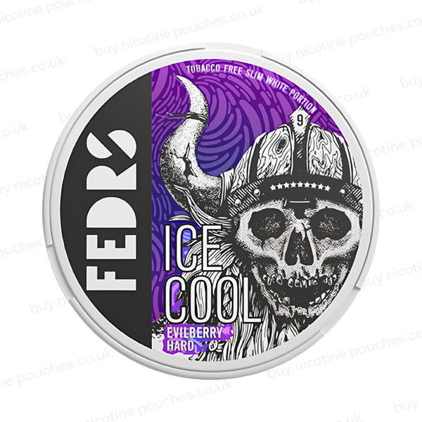 White circular container with black and purple Fedrs Ice Cool Evilberry Hard branding on a white background.