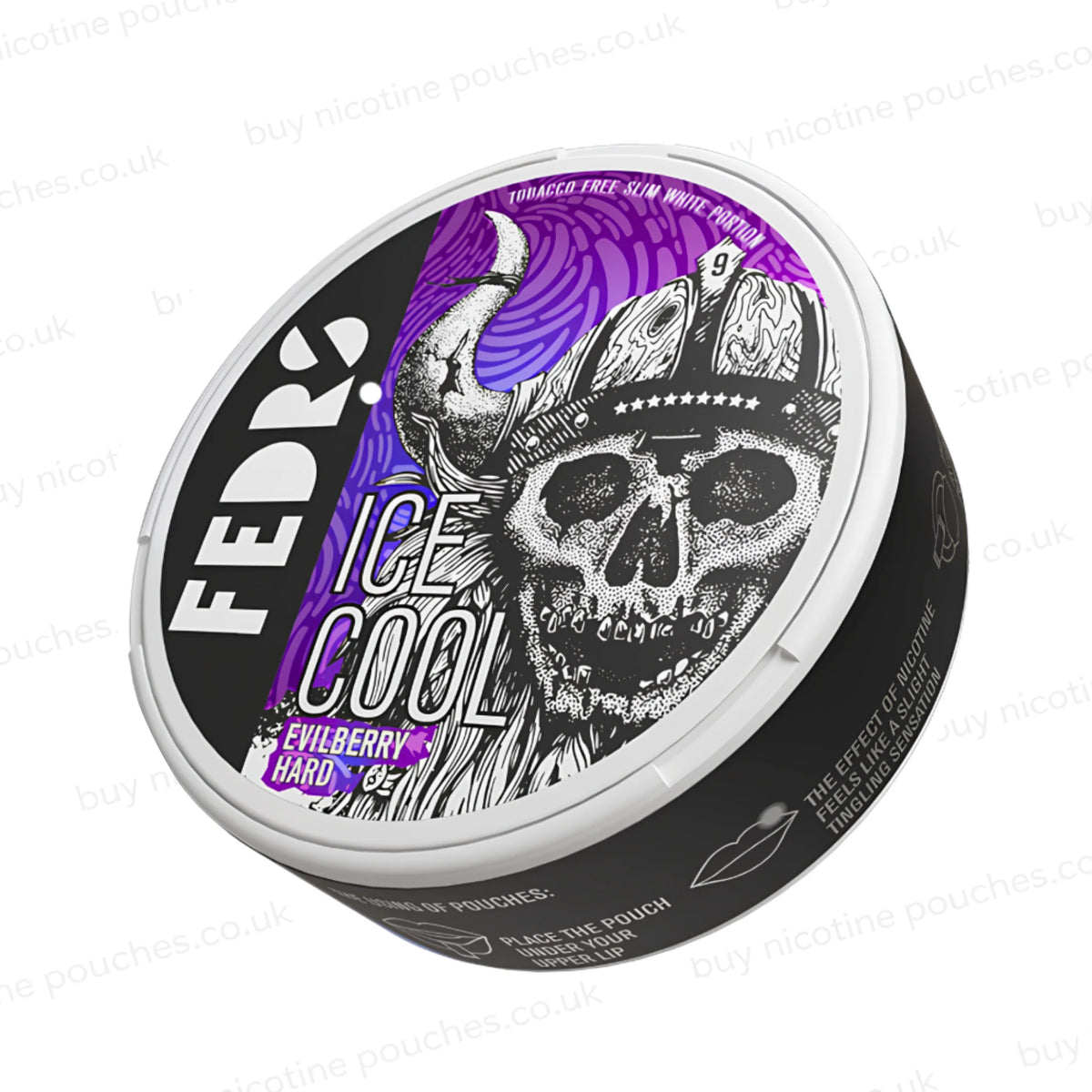 Angled shot of a white circular container with black and purple Fedrs Ice Cool Evilberry Hard branding on a white background.