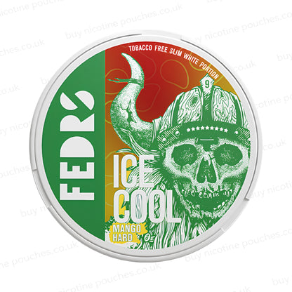 White circular container with green, yellow and red Fedrs Ice Cool Mango Hard branding on a white background.