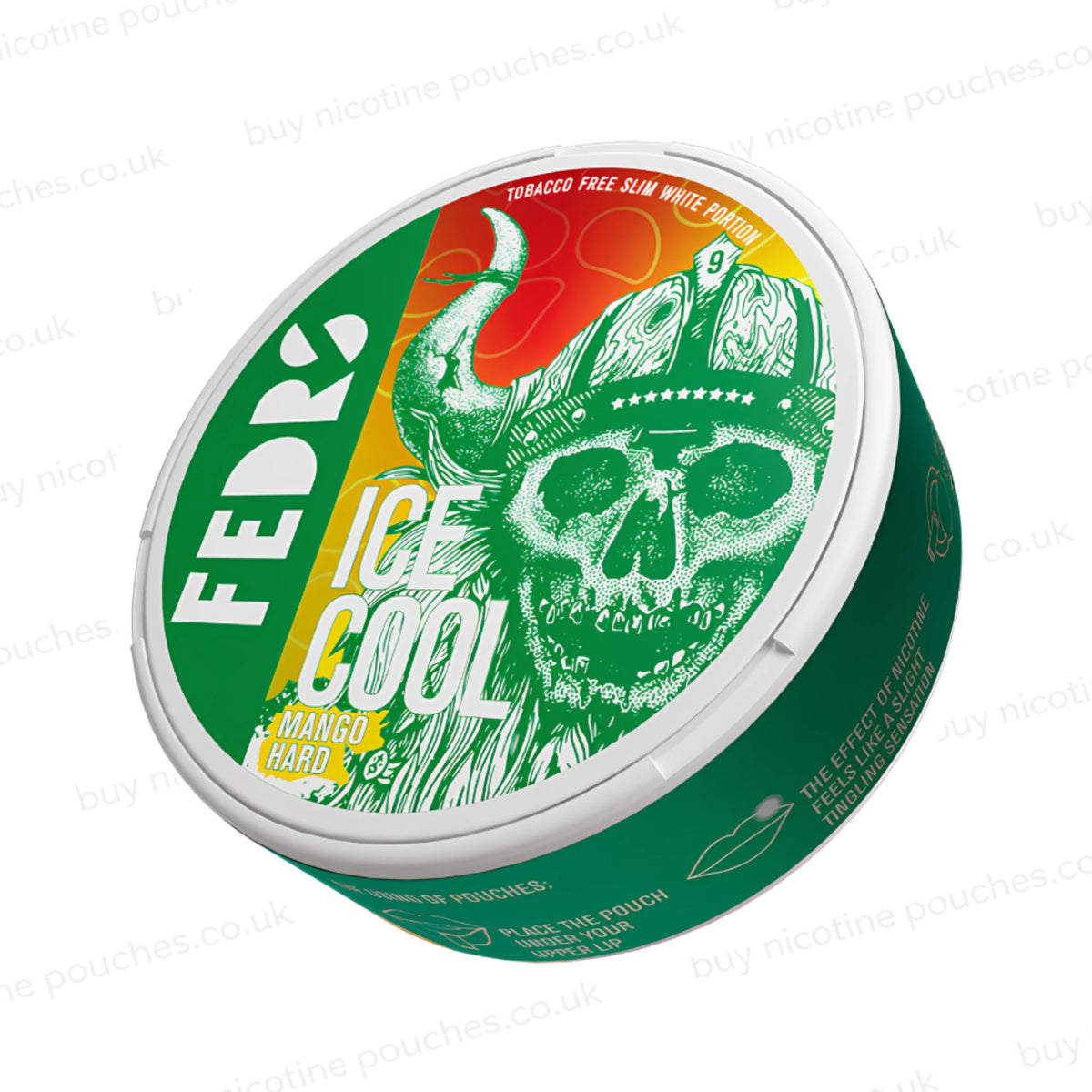 Angled shot of a white circular container with green, yellow and red Fedrs Ice Cool Mango Hard branding on a white background.