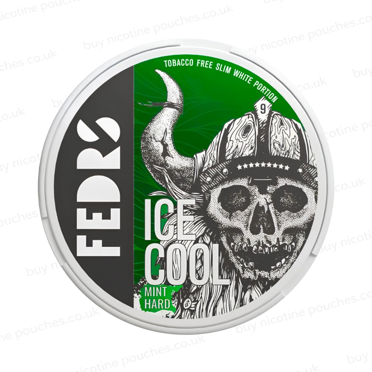 White nicotine pouch container with green and black Fedrs Ice Cool Mint Hard skull branding on a white background