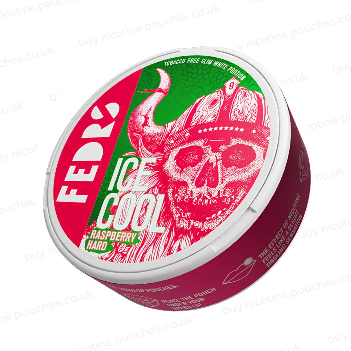 Angled shot of a white circular container with pink and green Fedrs Ice Cool Raspberry Hard branding on a white background.