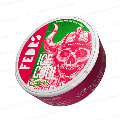 Angled shot of a white circular container with pink and green Fedrs Ice Cool Raspberry Hard branding on a white background.