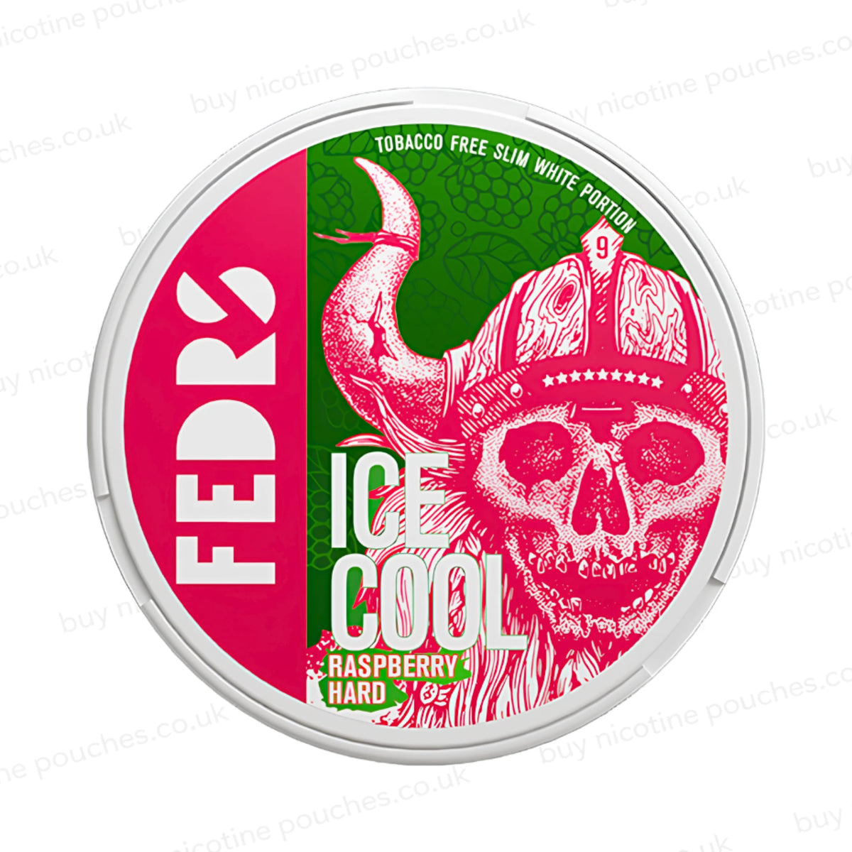 White circular container with pink and green Fedrs Ice Cool Raspberry Hard branding on a white background.