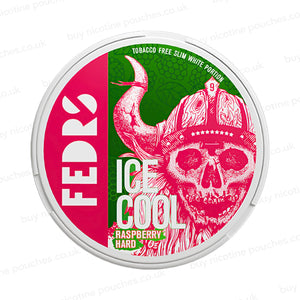 White circular container with pink and green Fedrs Ice Cool Raspberry Hard branding on a white background.