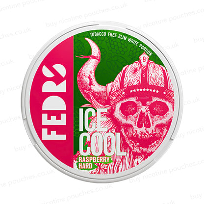 White circular container with pink and green Fedrs Ice Cool Raspberry Hard branding on a white background.