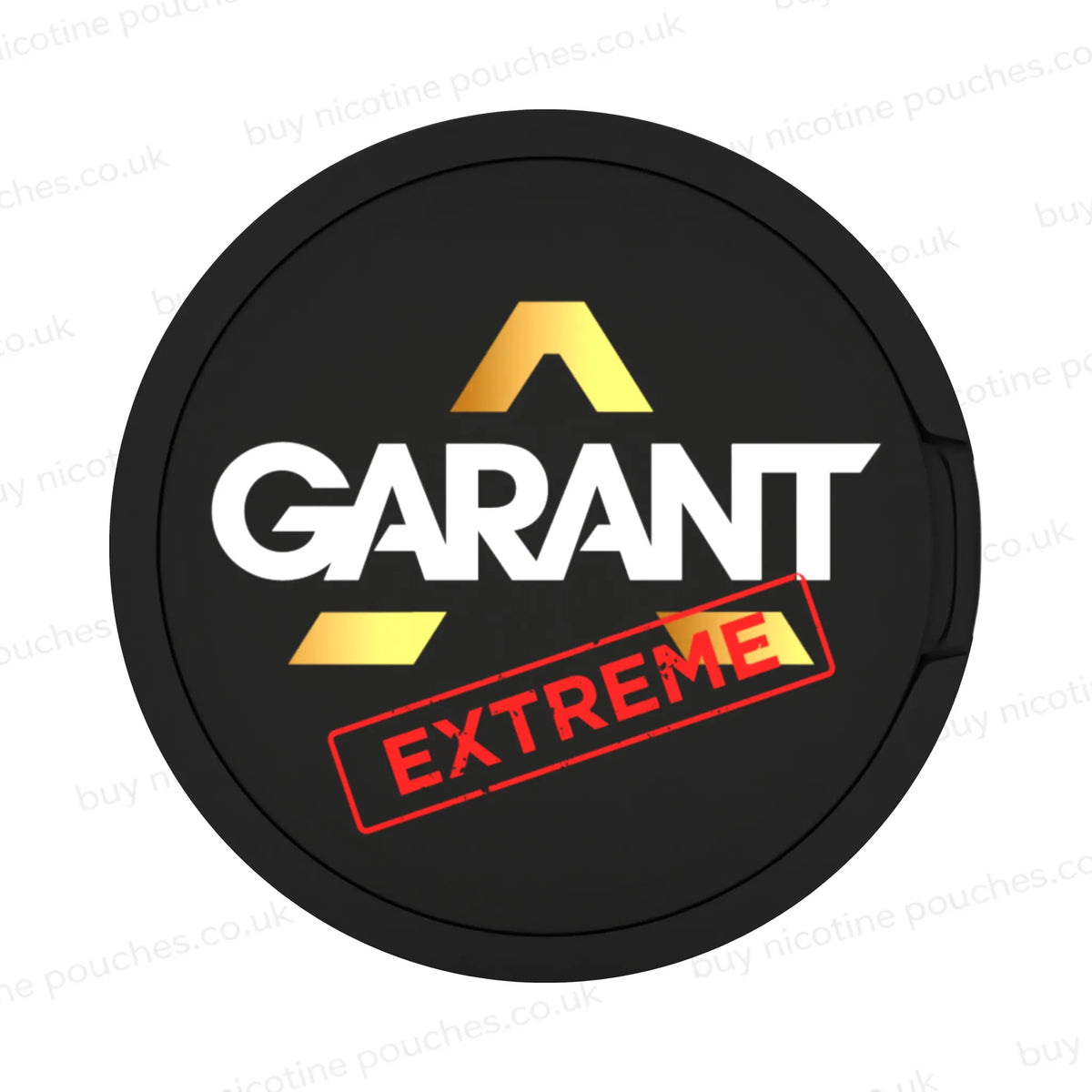 A circular black nicotine pouch tub featuring the brand name 'GARANT' in white with gold graphic accents and a red 'EXTREME' stamp, shown on a white background with faint watermarks.
