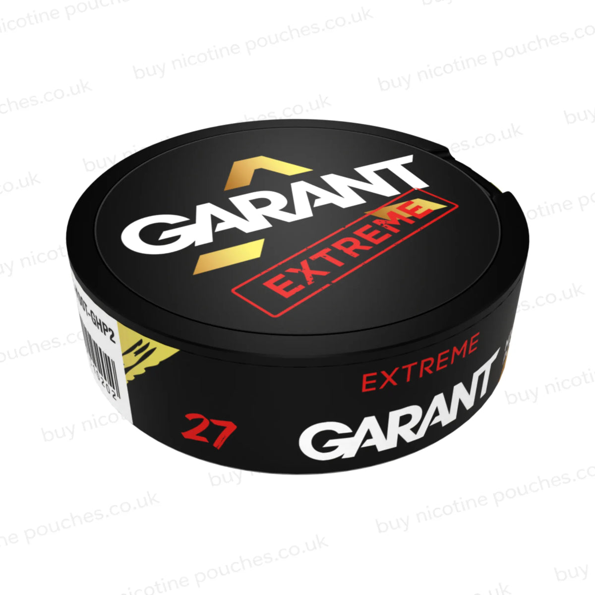 Angled shot of a circular black nicotine pouch tub featuring the brand name 'GARANT' in white with gold graphic accents and a red 'EXTREME' stamp, shown on a white background with faint watermarks.