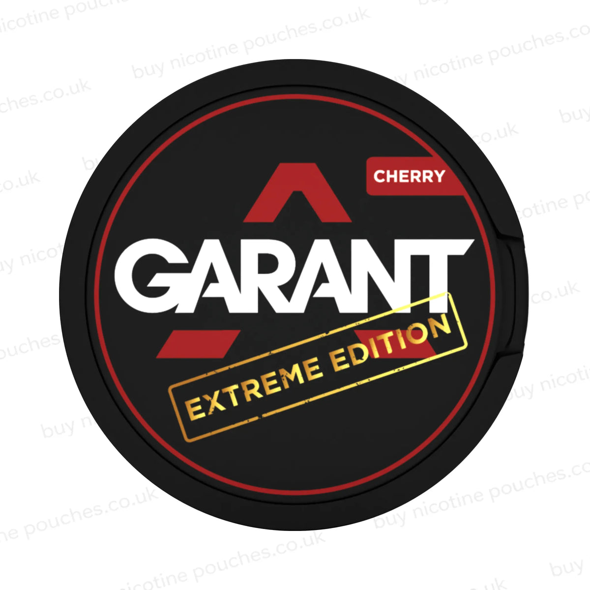 Black nicotine pouch container with red, white and gold 'GARANT EXTREME EDITION CHERRY' branding on a white background.
