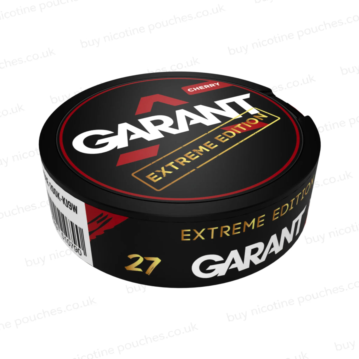 Angled shot of a black nicotine pouch container with red, white and gold GARANT EXTREME EDITION CHERRY branding on a white background.