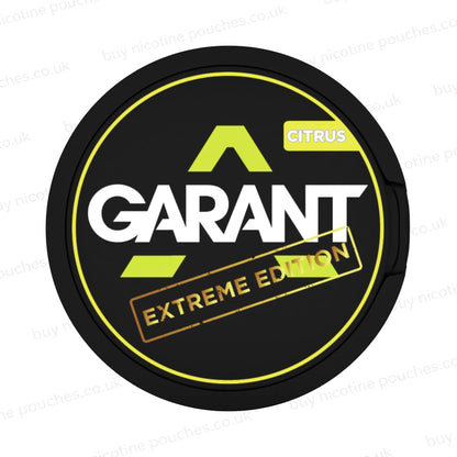 Black nicotine pouch container with yellow, white and gold 'GARANT EXTREME EDITION CITRUS' branding on a white background.