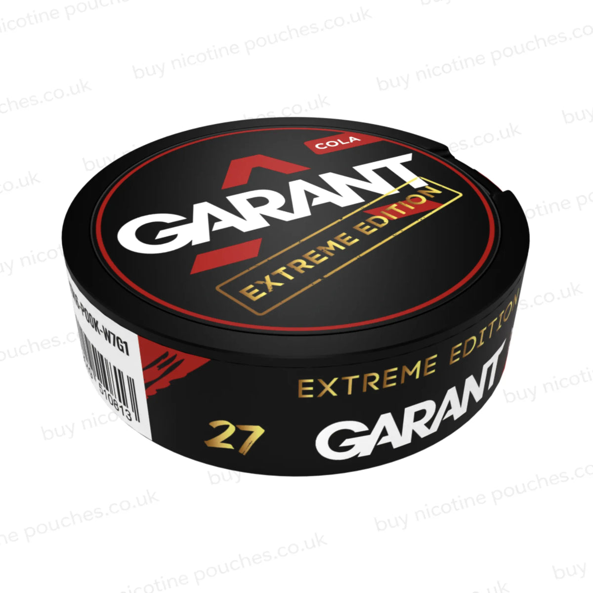 Angled shot of a black nicotine pouch container with red, white and gold 'GARANT EXTREME EDITION COLA' branding on a white background.