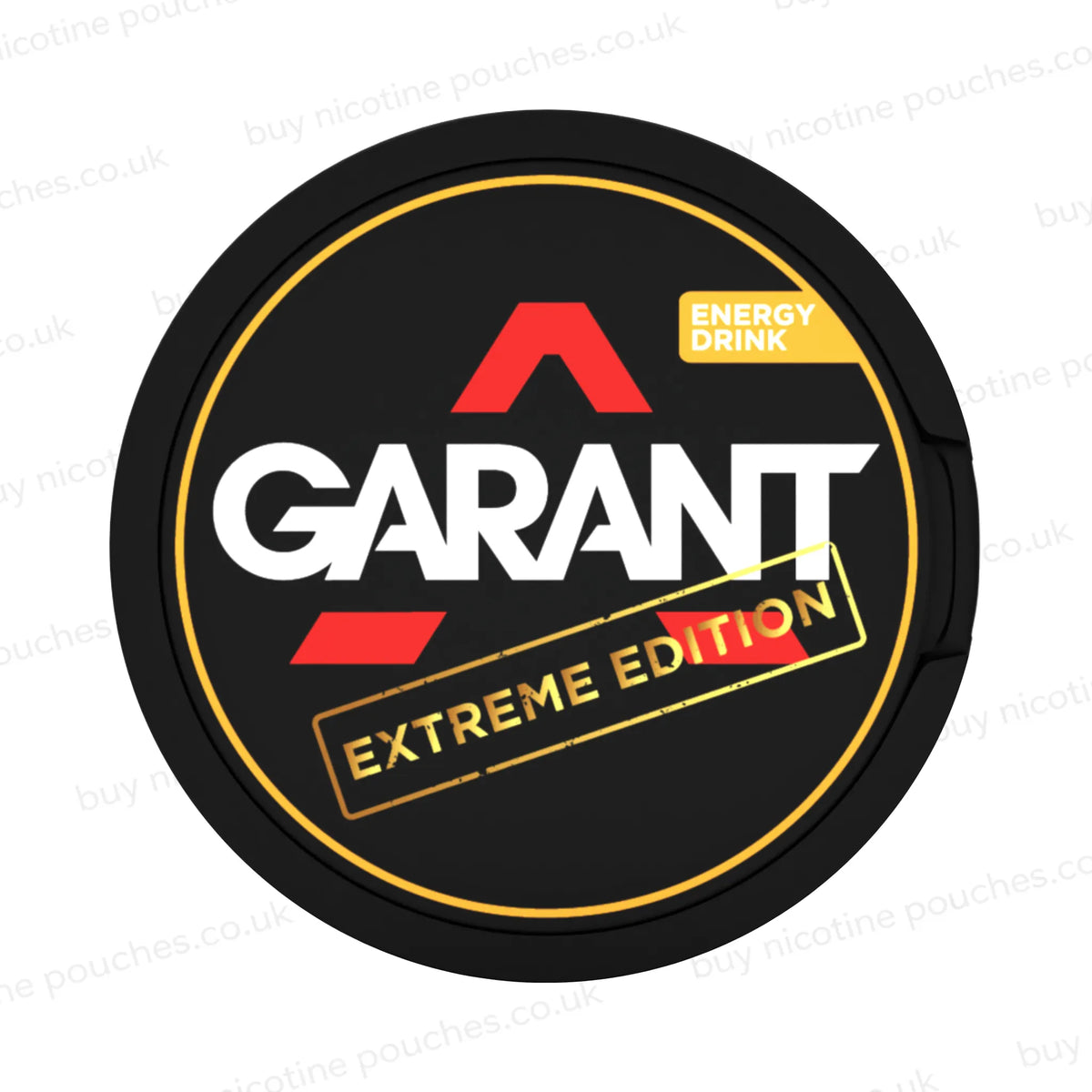 Black nicotine pouch container with orange, white and gold 'GARANT EXTREME EDITION ENERGY DRINK' branding on a white background.