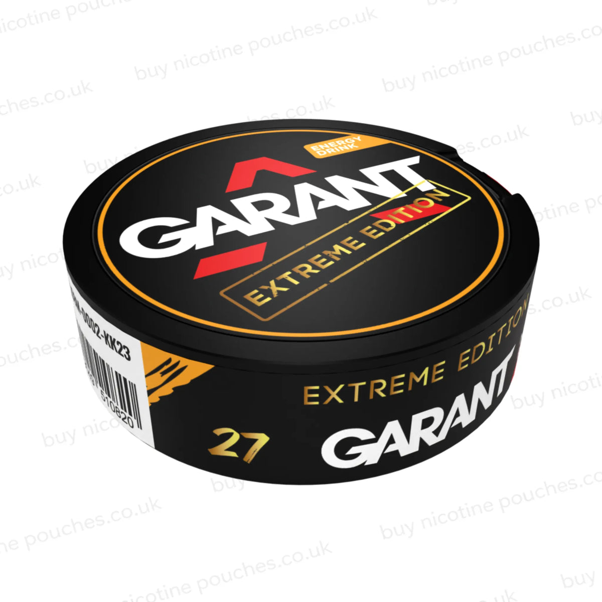 Angled shot of a black nicotine pouch container with orange, white and gold 'GARANT EXTREME EDITION ENERGY DRINK' branding on a white background.