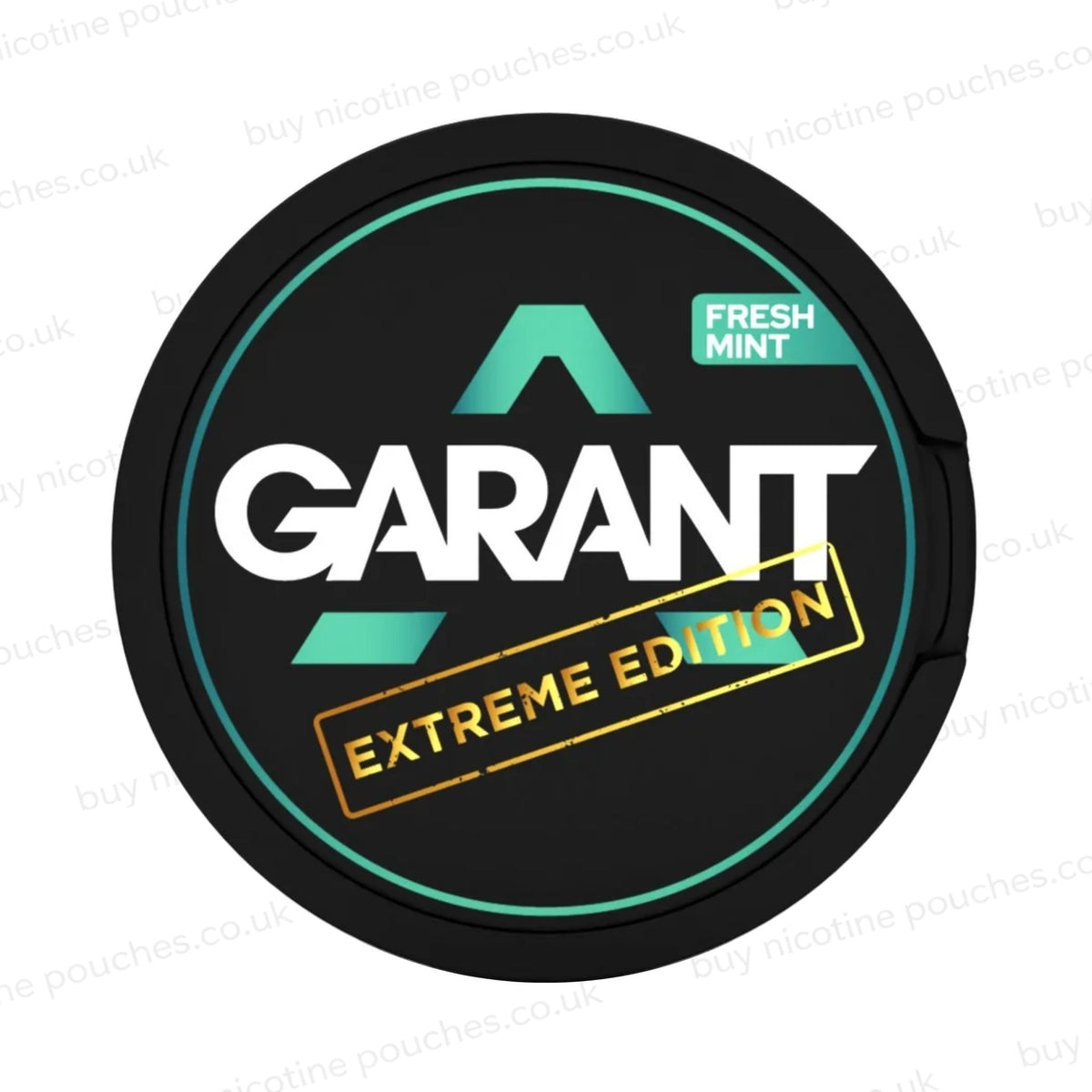 A round black container lid for Garant nicotine pouches, featuring a teal and white 'GARANT' logo, a yellow 'EXTREME EDITION' stamp, and a 'FRESH MINT' label, shown on a white background with faint watermarks.