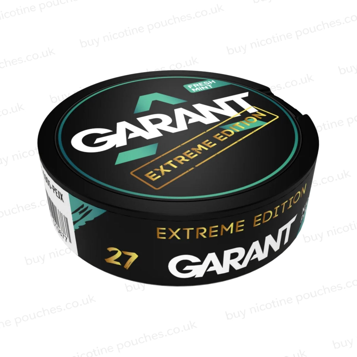 Angled shot of a round black container lid for Garant nicotine pouches, featuring a teal and white 'GARANT' logo, a yellow 'EXTREME EDITION' stamp, and a 'FRESH MINT' label, shown on a white background with faint watermarks.