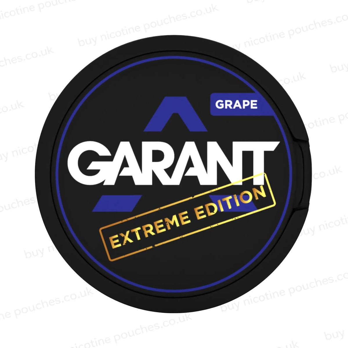 Black nicotine pouch container with purple, white and gold 'GARANT EXTREME EDITION GRAPE' branding on a white background.