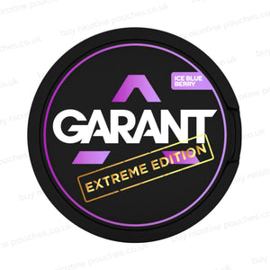 Black nicotine pouch container with purple, white and gold 'GARANT EXTREME EDITION ICE BLUEBERRY' branding on a white background.