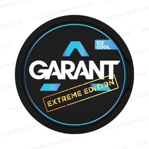 Black nicotine pouch container with cyan, white and gold 'GARANT EXTREME EDITION ICE COOL' branding on a white background.